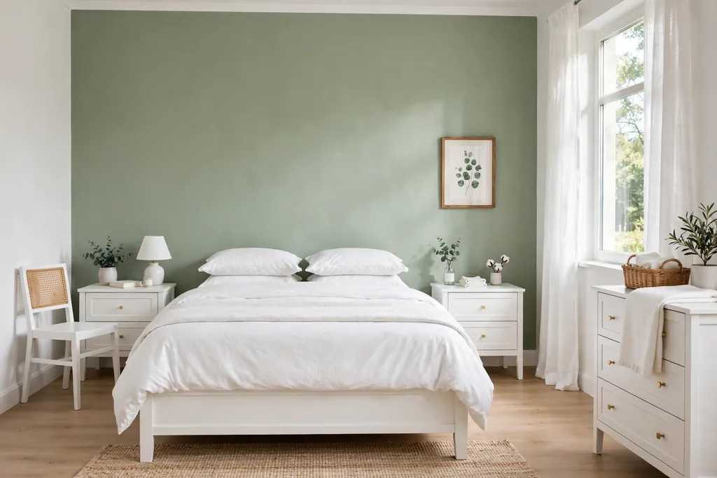 Bedroom with a soft sage green accent wall behind a bed.