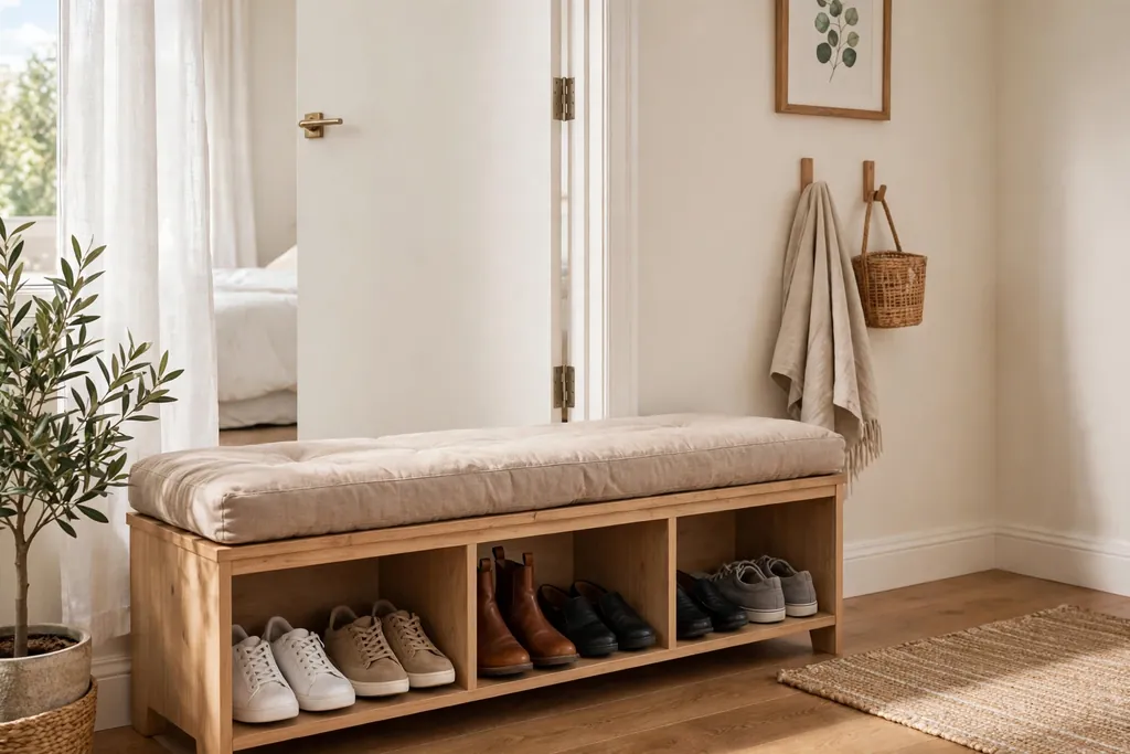 Low shoe storage bench by a bedroom door with shoes below.