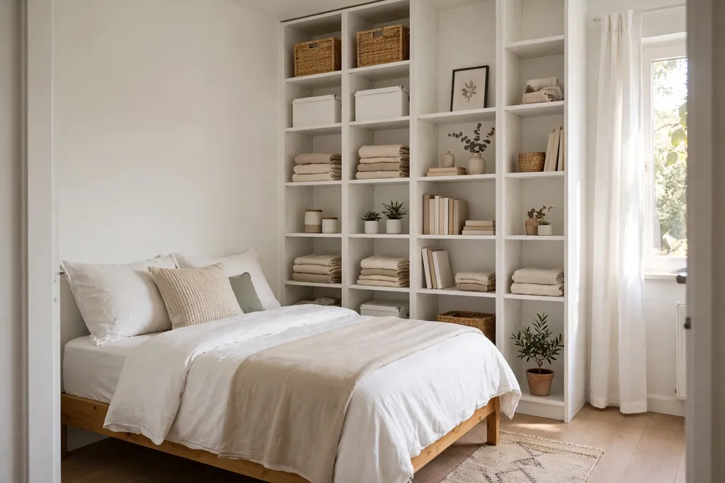 Small bedroom with the bed against one wall and tall storage shelves.