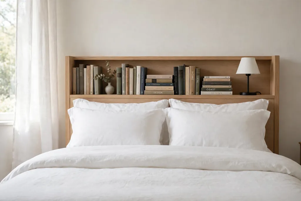 Bedroom headboard with a shelf holding books and a lamp.