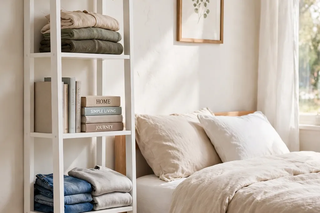 Tall narrow white shelf beside a bed holding books.
