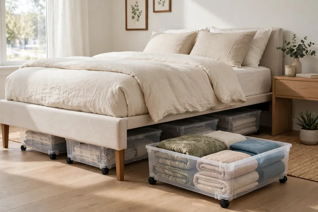 Rolling storage boxes under a bed showing folded bedding.