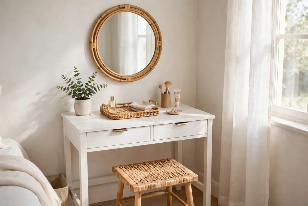 Small bedroom vanity corner with a white table and a mirror.