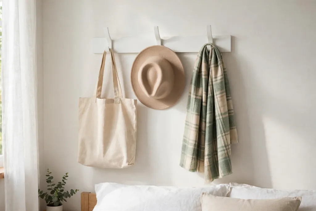Bedroom wall rail with hooks holding a bag and a hat.