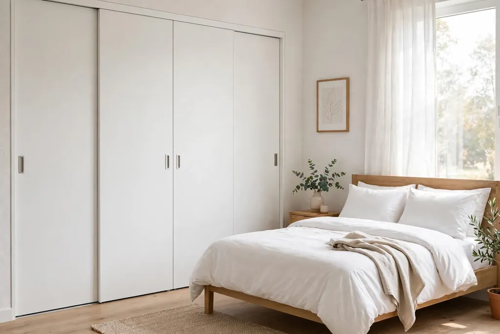 Bedroom with a white sliding door wardrobe wall beside a neatly made bed.