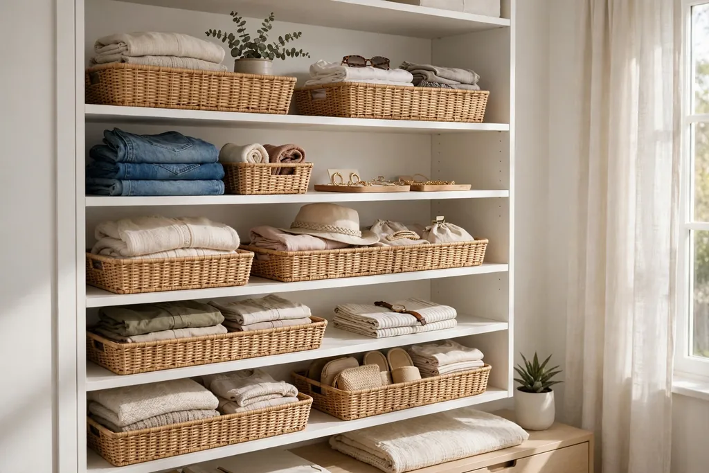 Open white bedroom shelves with matching woven baskets.