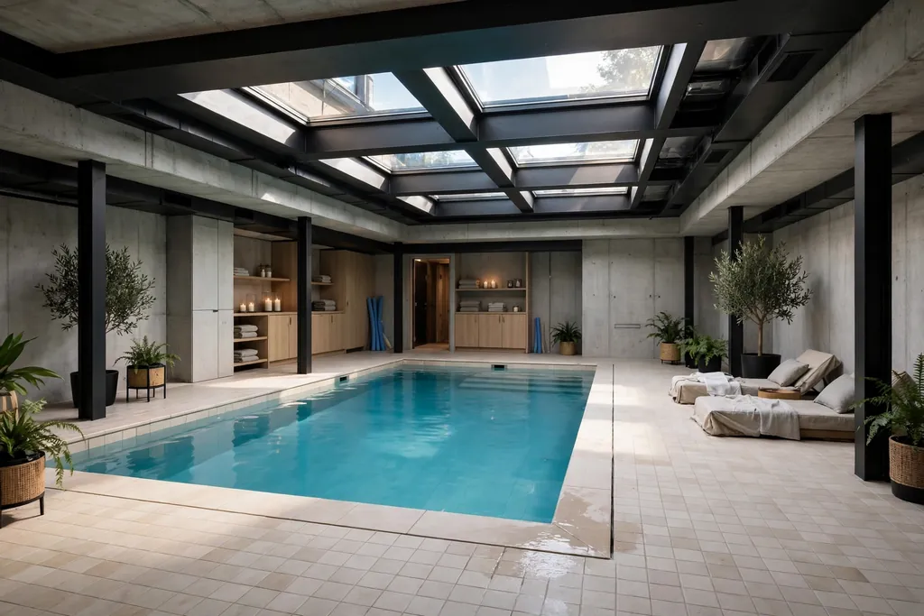 Basement indoor pool room with skylights above the pool and a pale tile deck.