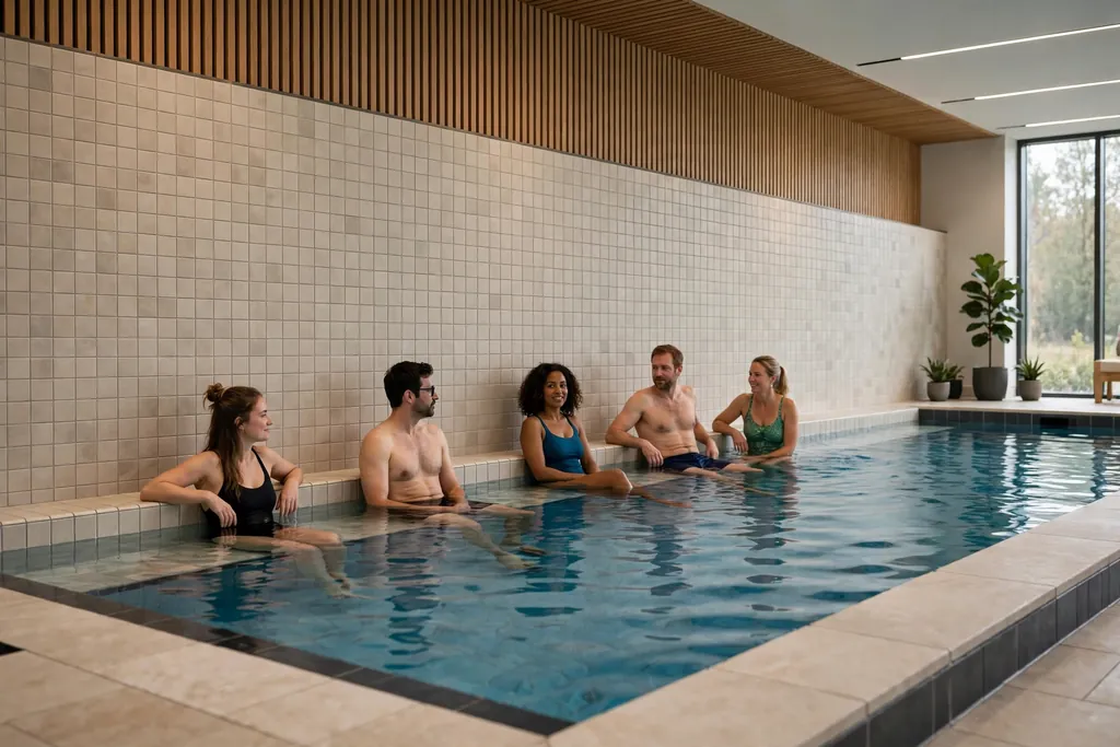 Indoor pool with built in bench seating along one tiled pool wall.
