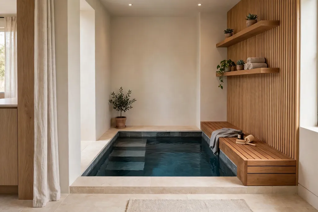 Compact plunge pool in a corner of a home, with steps and a bench beside it.