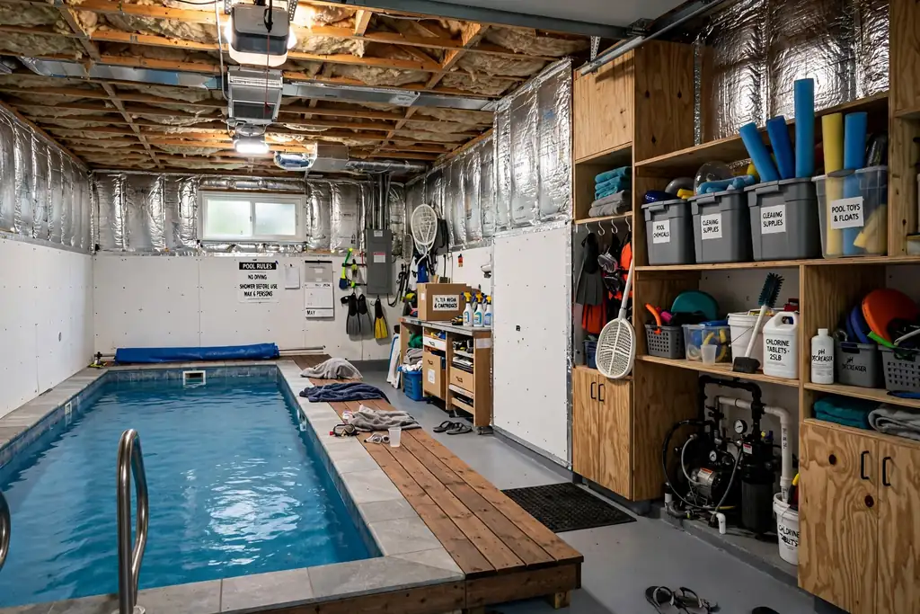 Indoor pool in a converted garage, with a pool along one side and deck storage.