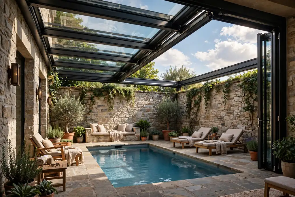 Courtyard indoor pool with a retractable roof partly open and a stone deck.
