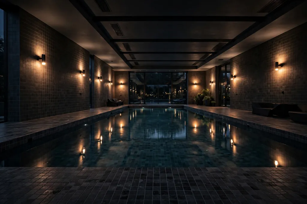 Dark tiled indoor pool at evening with soft warm wall lights and calm water.