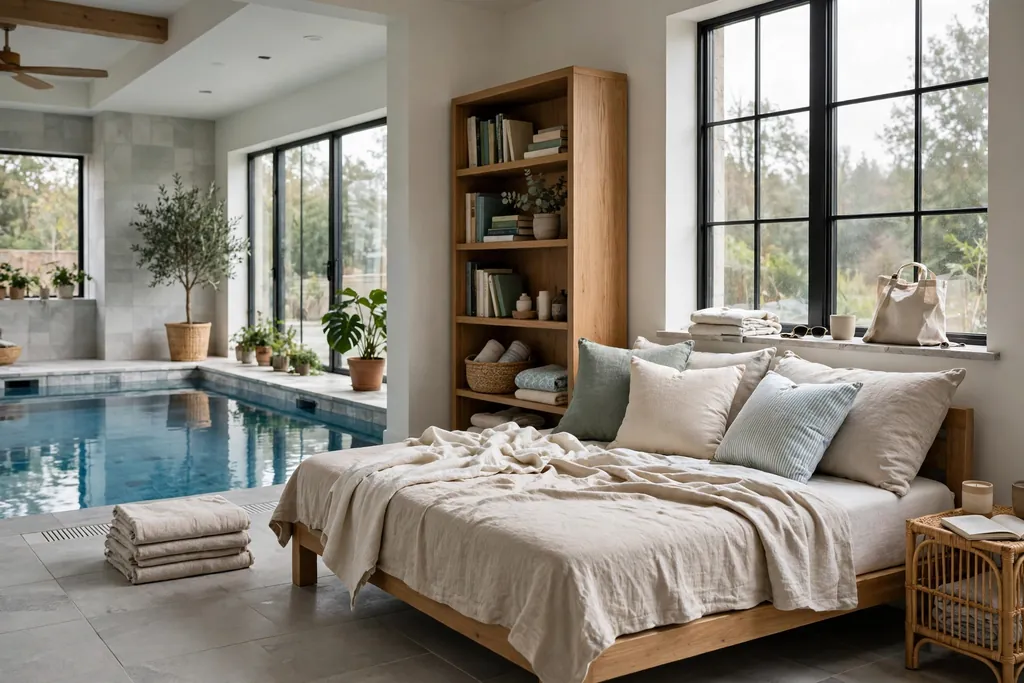 Poolside daybed corner in an indoor pool room with cushions near a window.
