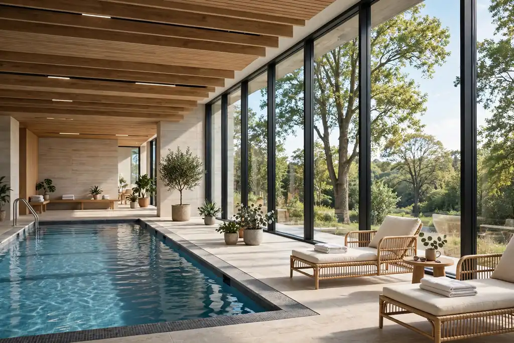 Indoor pool beside floor to ceiling windows with daylight and a view of trees.
