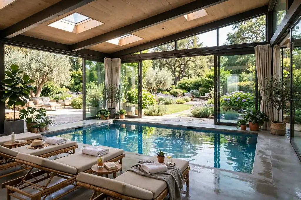 Glass walled indoor pool room opening to a garden, with lounge chairs beside the pool.
