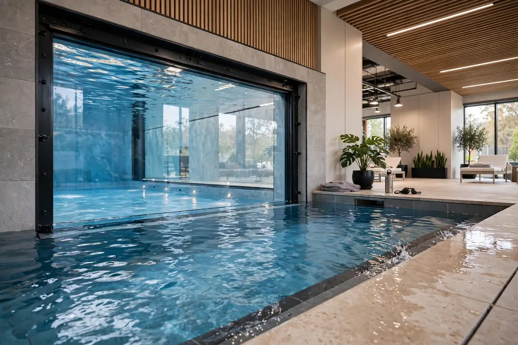Indoor pool with a large glass viewing panel in one pool wall.