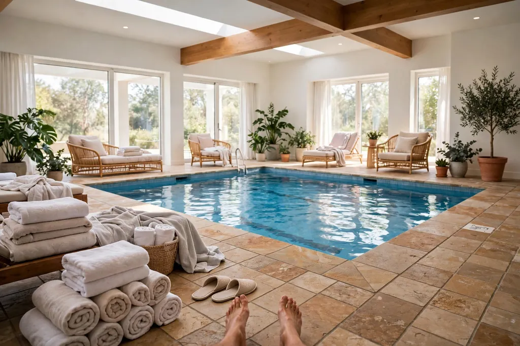 Indoor pool deck with warm stone tiles, towels, and a bright pool room.