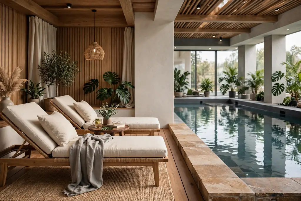 Poolside lounge nook beside an indoor pool with two loungers and a small table.