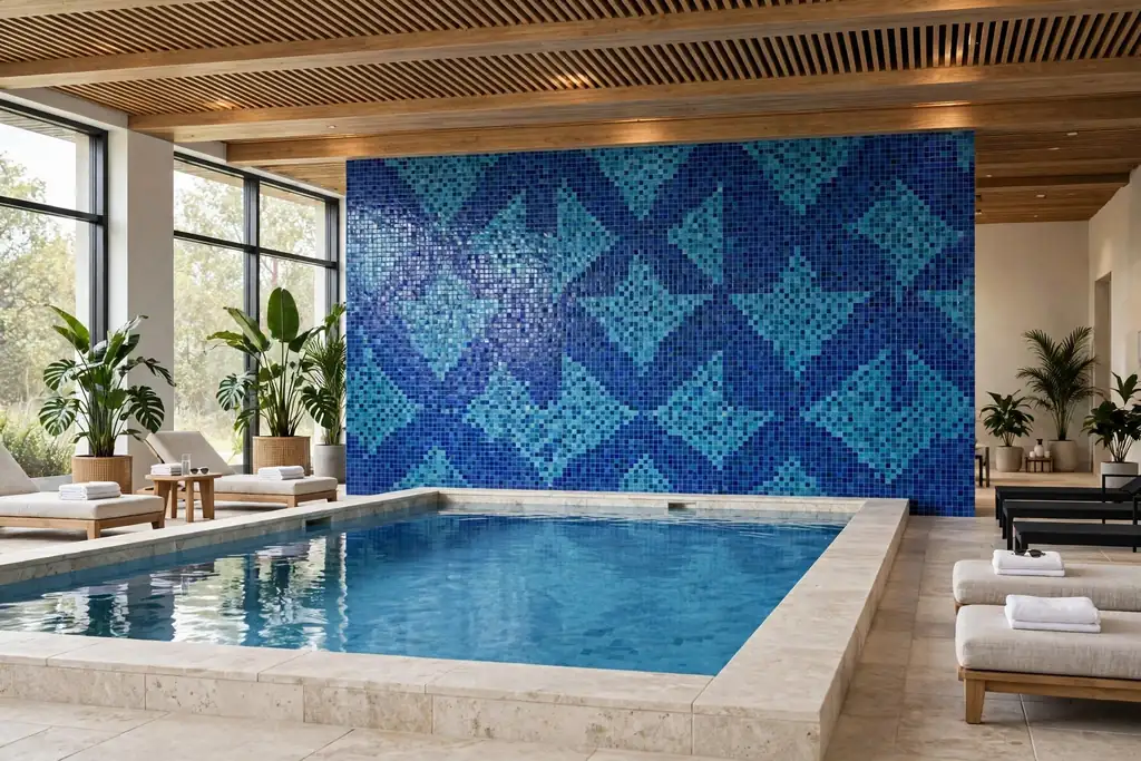 Indoor pool with a blue mosaic tile feature wall behind the pool.