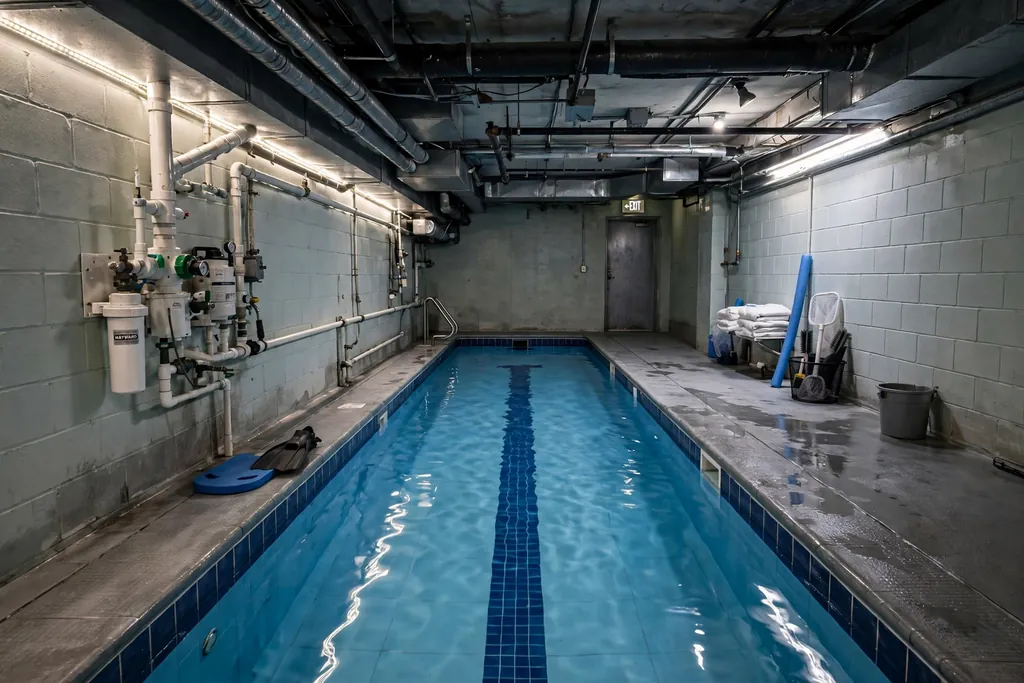Narrow lap lane indoor pool in a basement, with a tile line on the pool floor.