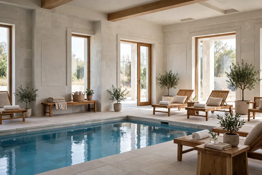 Bright pale stone indoor pool room with light stone floors, walls, and wood furniture.