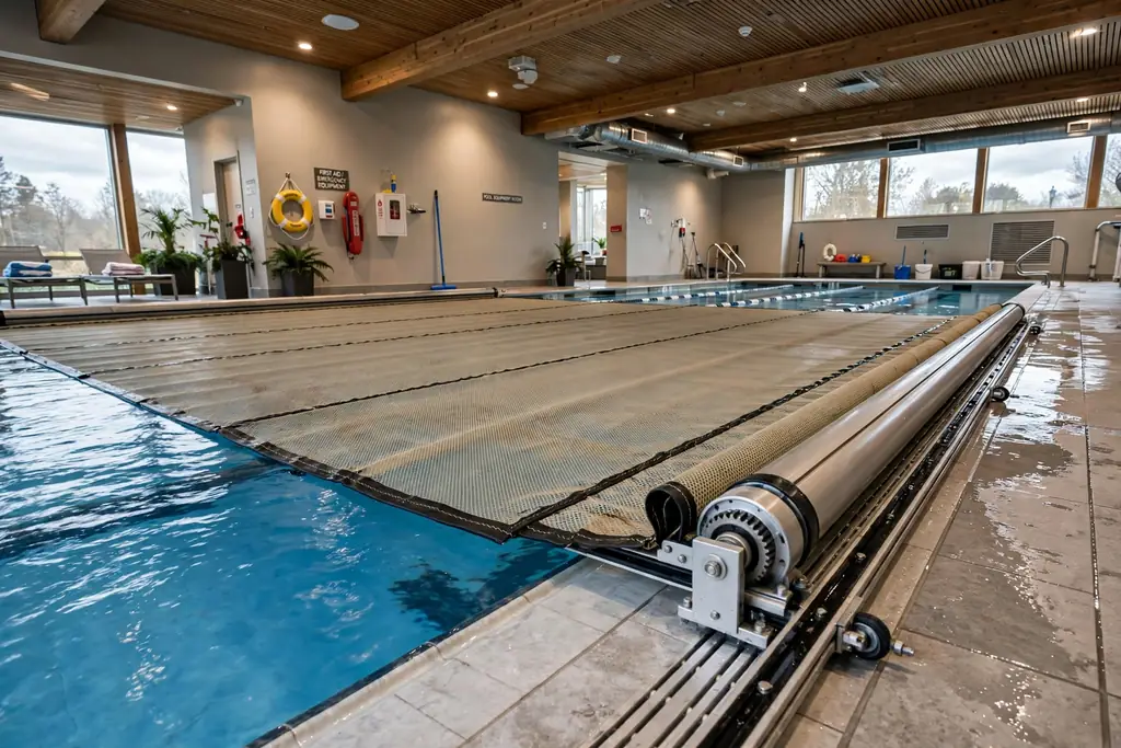 Indoor pool with a retractable safety cover partly rolled over the water.