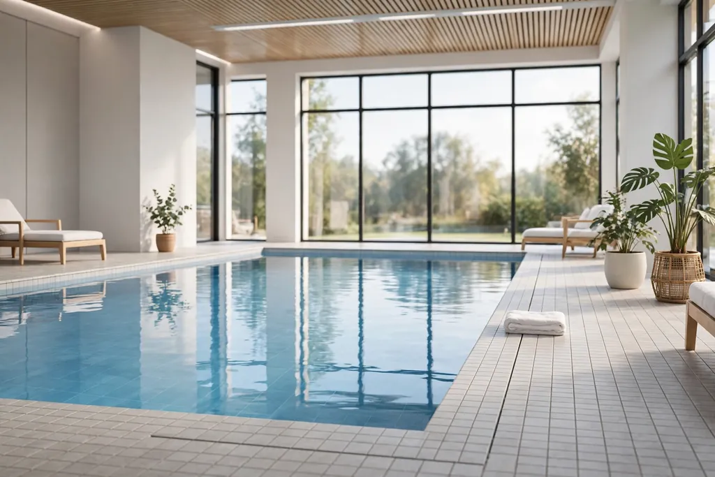 Clear calm indoor pool with soft blue water and a clean tile deck.