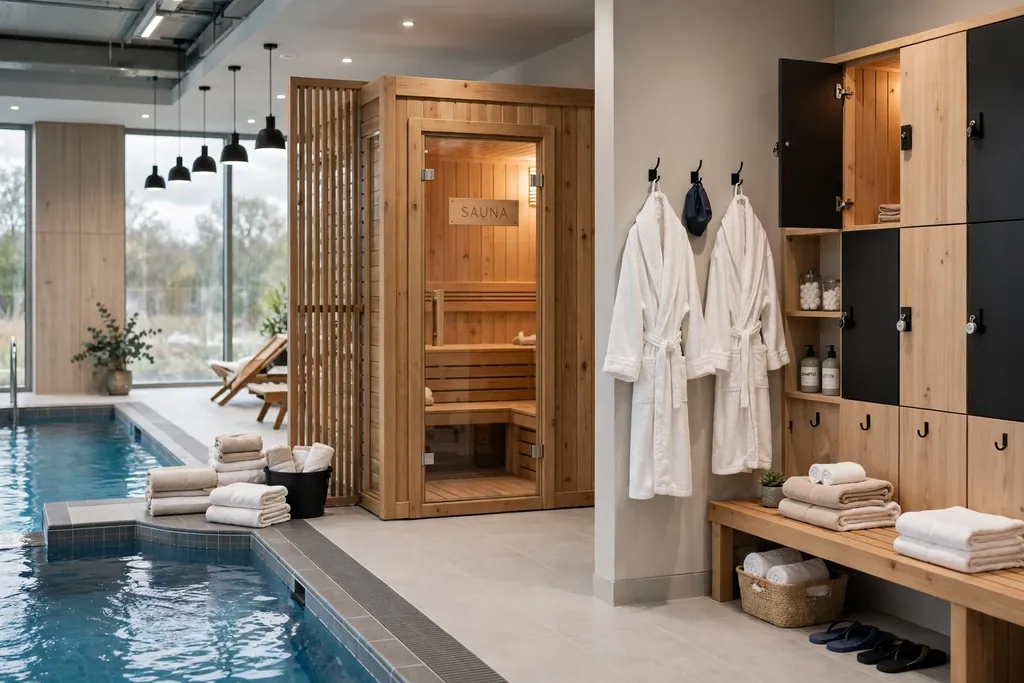 Indoor pool room with a wood sauna next door and a shared changing area.