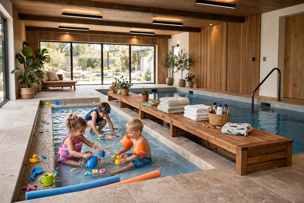 Family indoor pool with a shallow play shelf at one end and a deck bench.