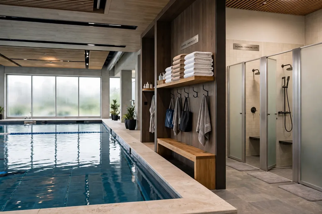 Indoor pool with a shower and changing suite beside it, with a bench and hooks.