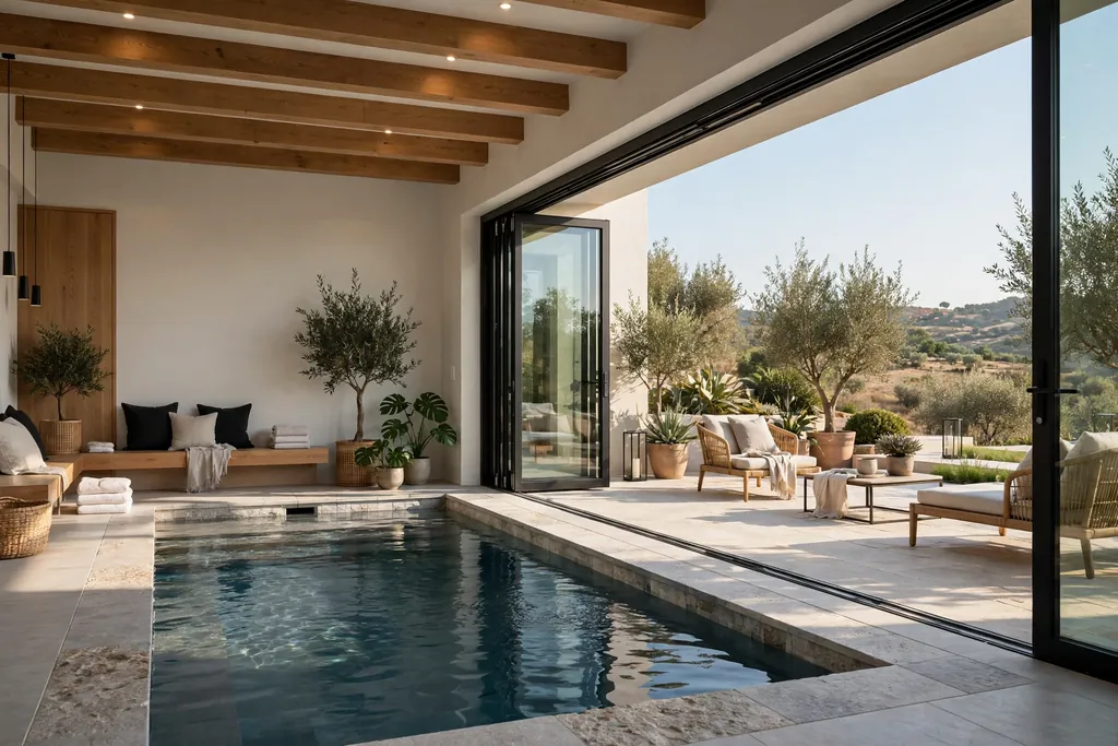Indoor outdoor pool with a sliding glass wall fully open onto a terrace.