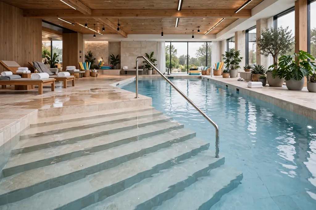 Indoor pool with a wide shallow step entry and a handrail leading into clear water.
