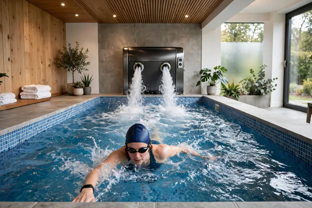 Short indoor pool with a swim jet system at one end for swimming in place.