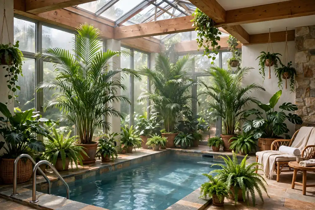 Tropical plant indoor pool room with large palms and ferns in pots beside the pool.