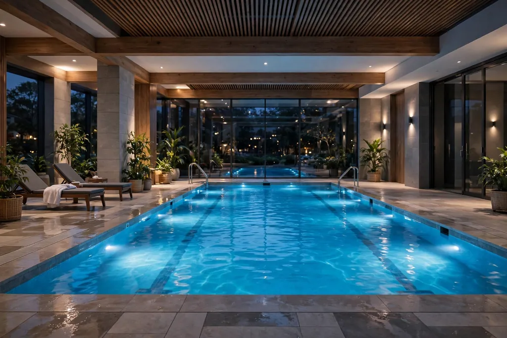 Indoor pool at evening with glowing underwater lights and clear blue water.