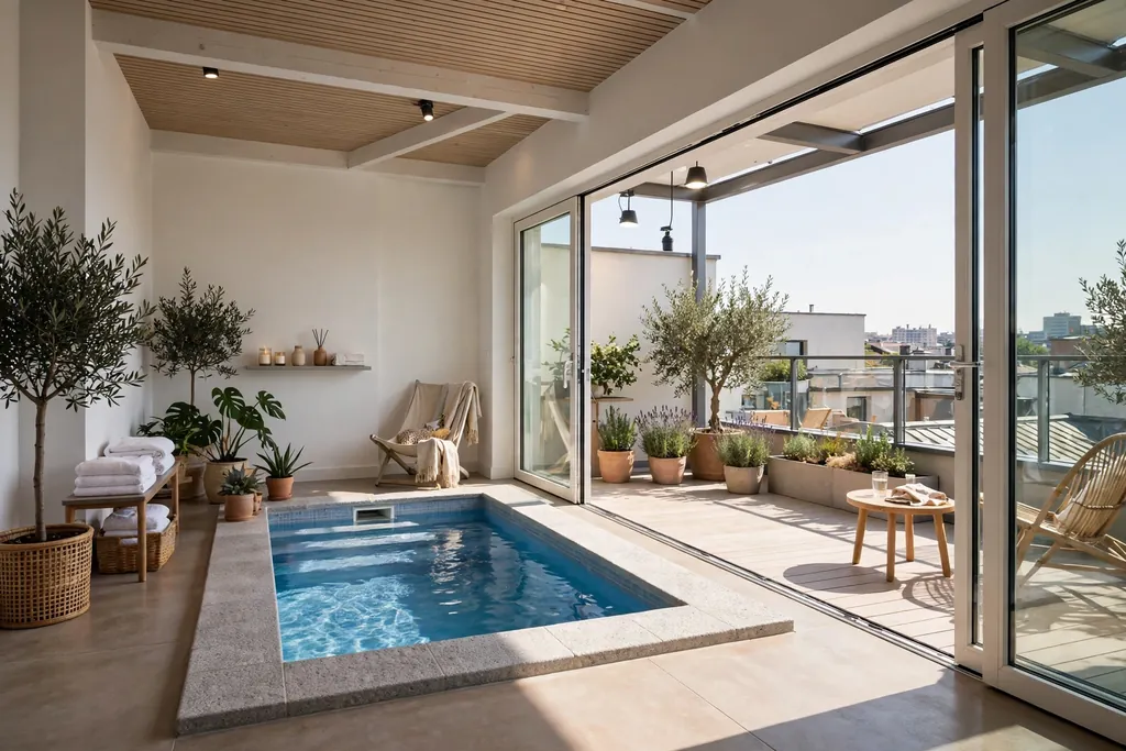Small indoor pool on an upper floor opening onto a terrace.