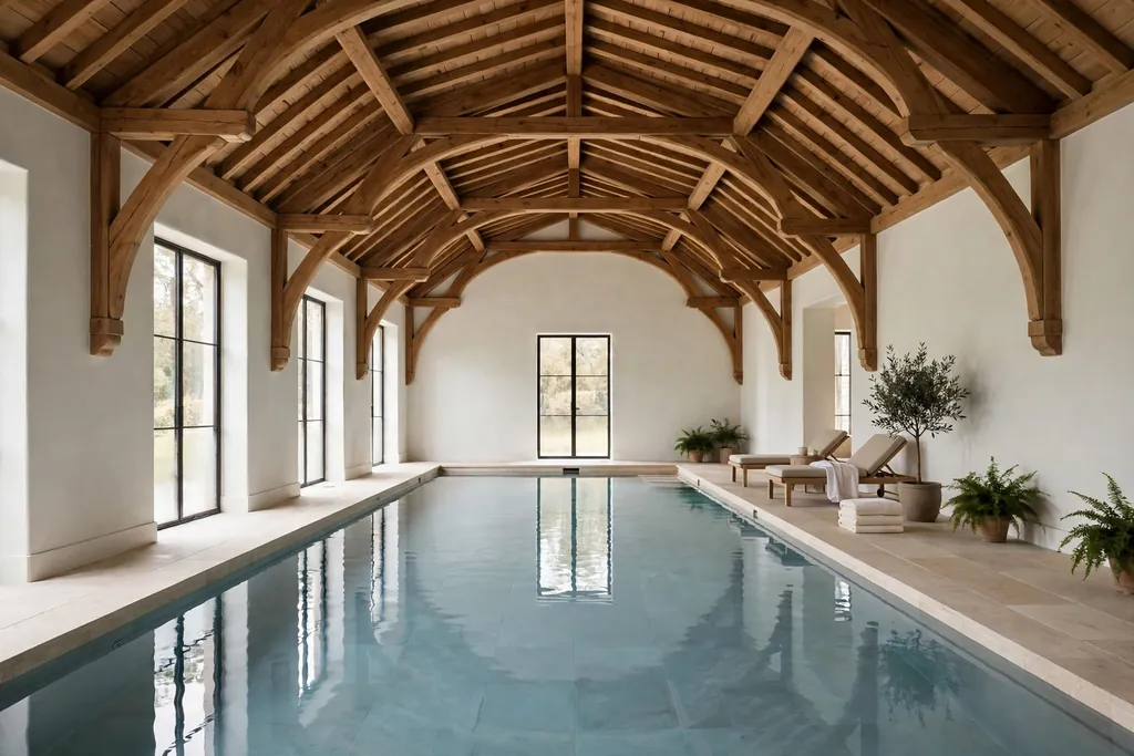 Indoor pool under a vaulted timber ceiling with wood beams and pale walls.