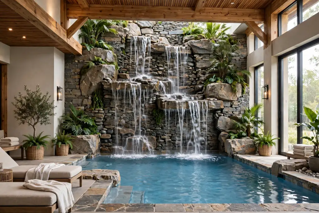 Indoor pool with a waterfall feature wall, water running down a stone face.
