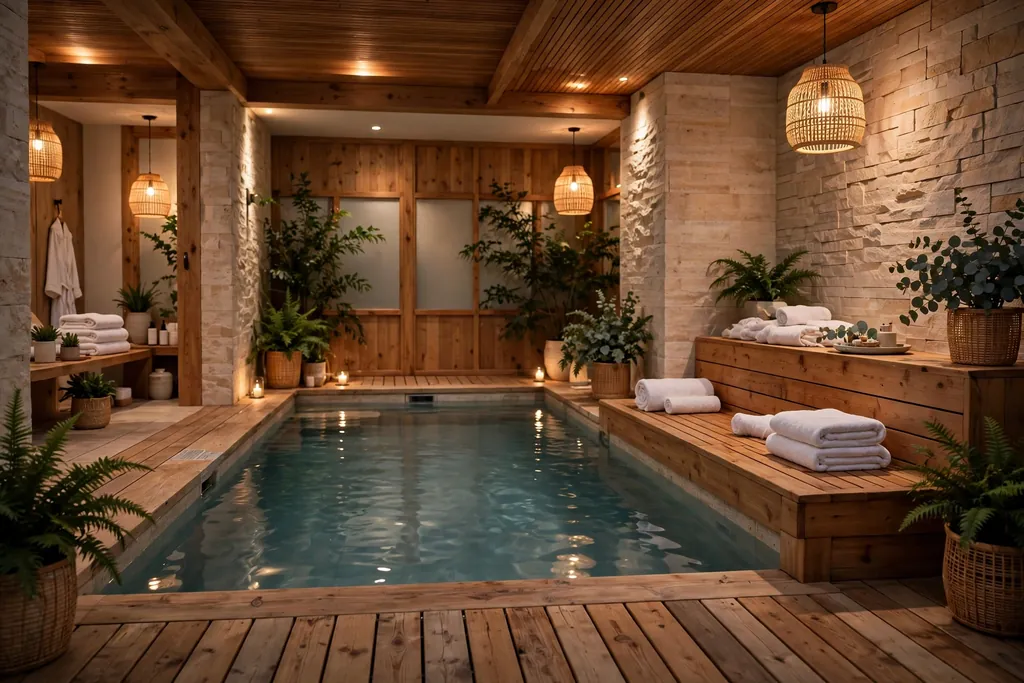 Spa style indoor pool with a warm wood deck, a bench, and soft lighting.