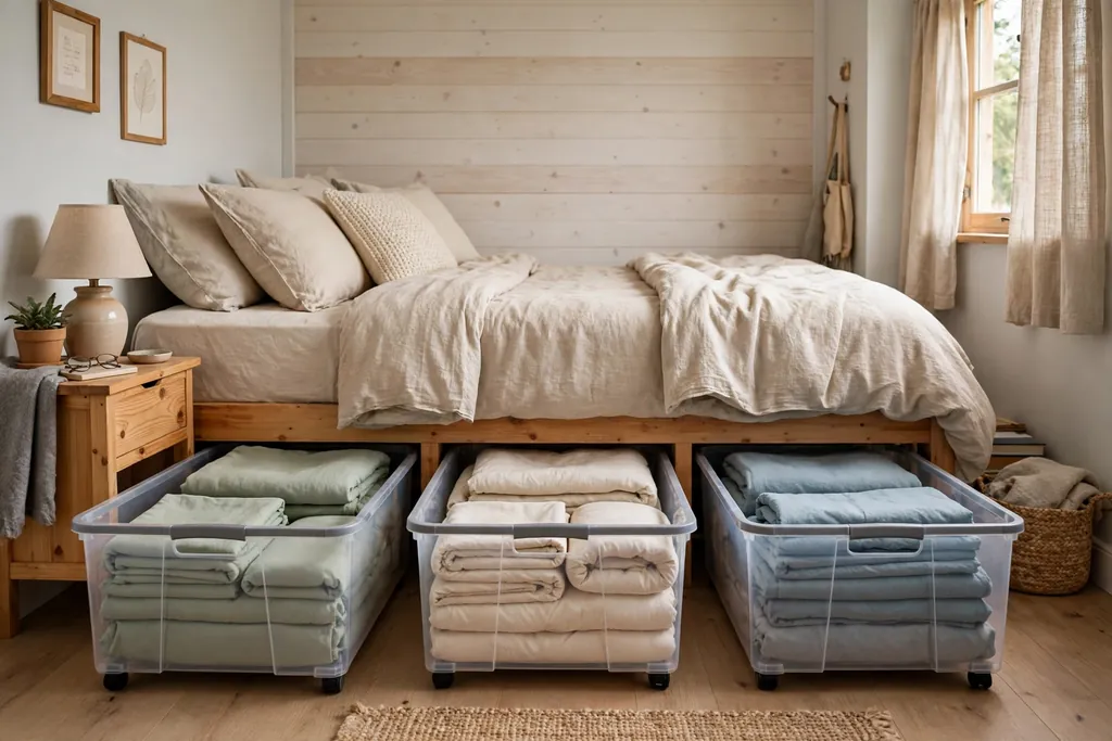 Small bedroom with flat rolling bins under a bed holding folded bedding.