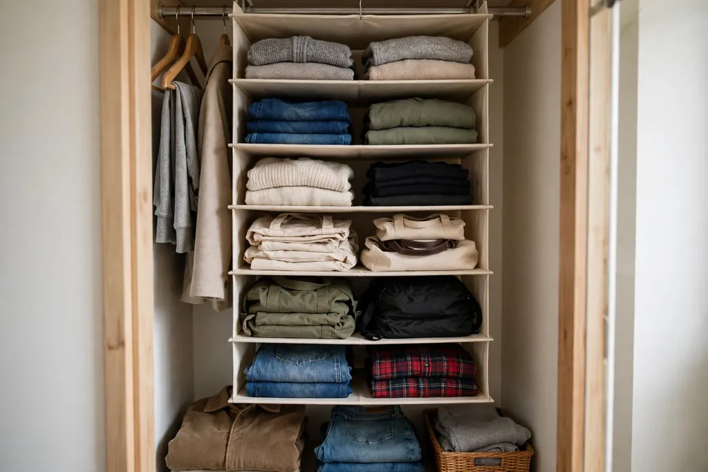 Small closet with hanging fabric shelves holding folded clothes and bags.