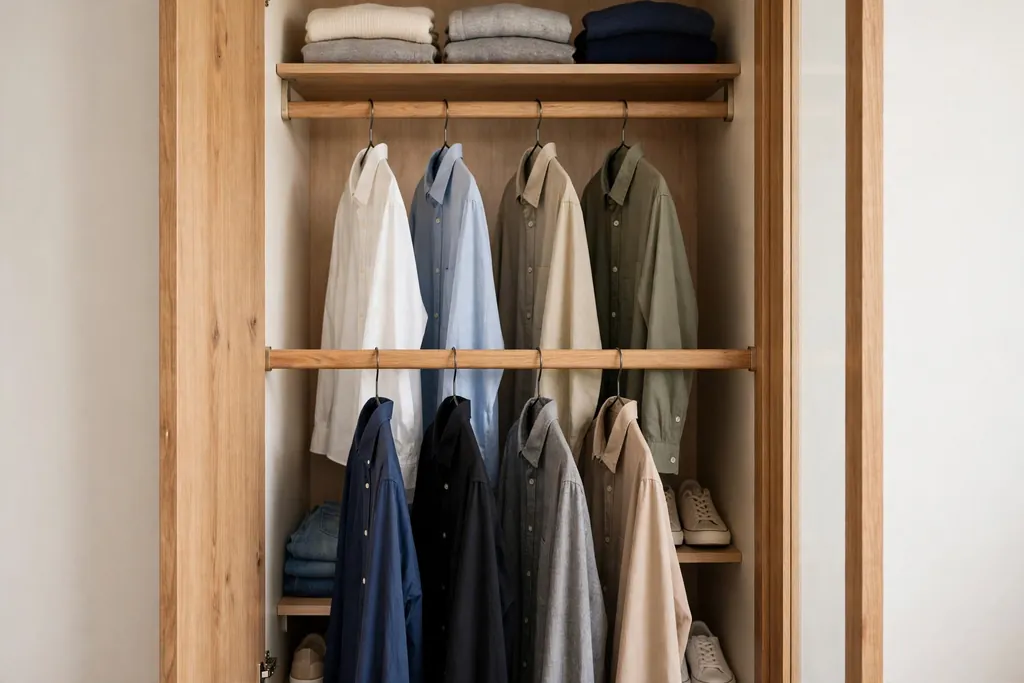 Small closet with two hanging rails holding shirts on slim hangers.