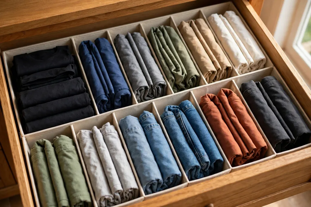 Dresser drawer with dividers holding clothes folded upright in rows.