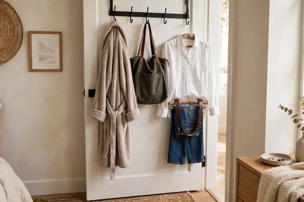 Bedroom door with an over-door hook rail holding a robe, bag, and outfit.