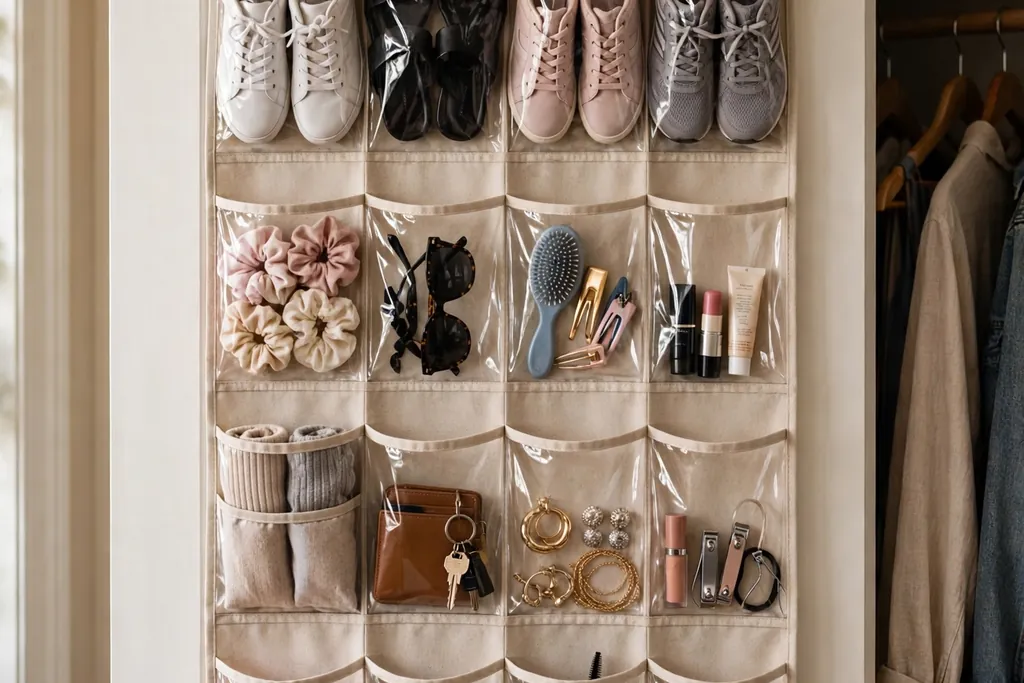Closet door with a pocket organizer holding shoes and accessories.