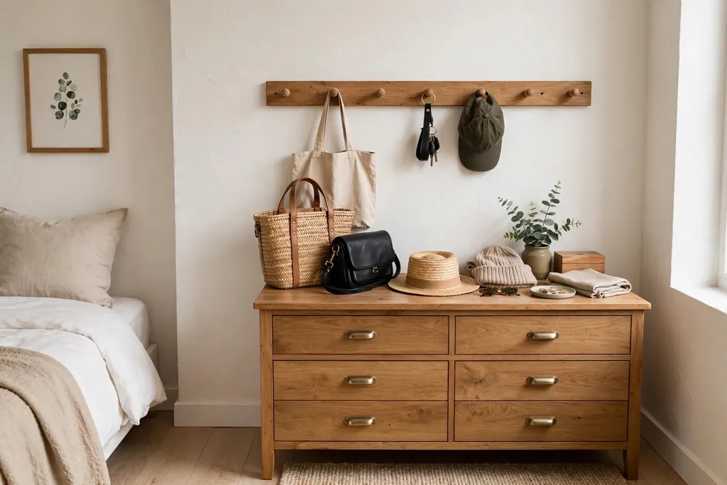 Bedroom wall with a wood peg rail above a dresser holding bags and hats.