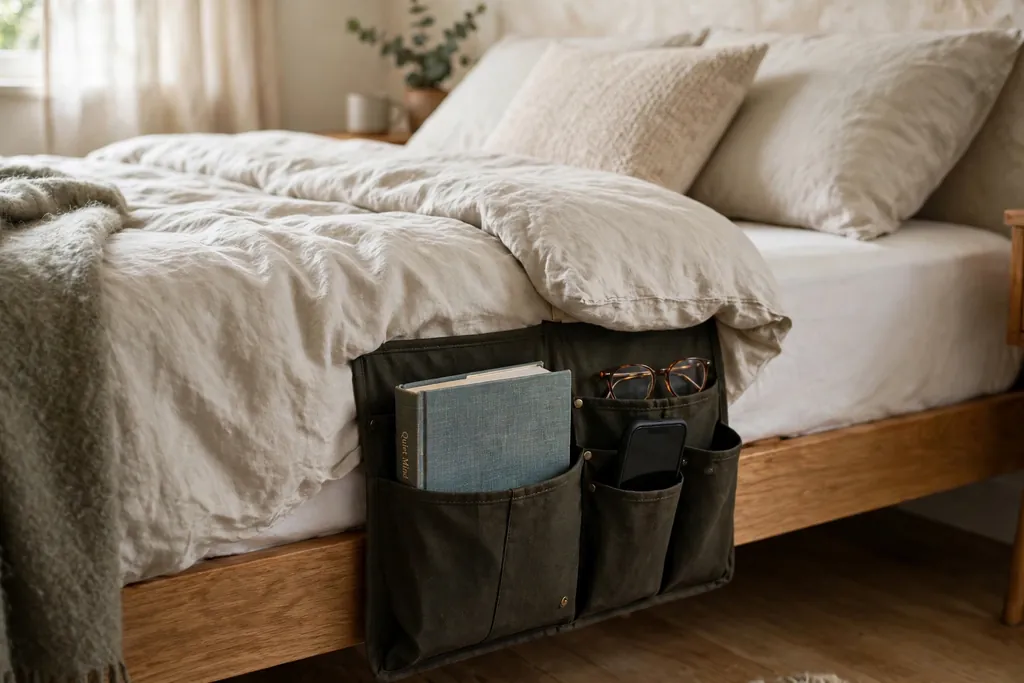 Bed with a hanging bedside caddy holding a book, phone, and glasses.