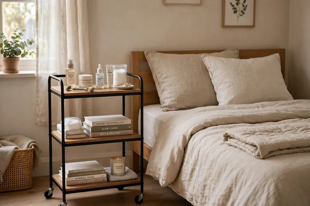 Small bedroom with a slim rolling cart beside a bed holding books and skincare.