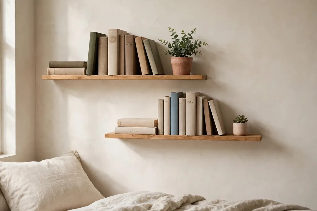Bedroom wall with narrow picture ledge shelves holding books and a small plant.