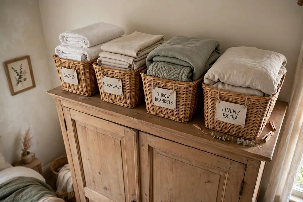 Top of a wardrobe with matching labeled baskets holding folded bedding.